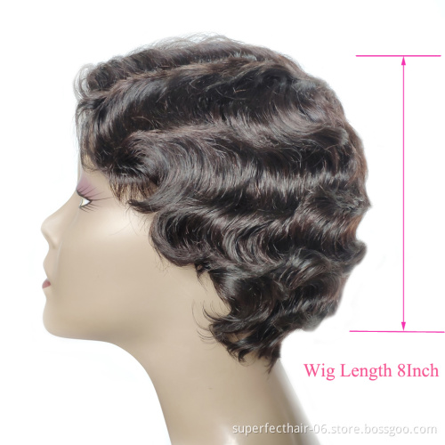 Short Human Hair Wigs  Machine Made Ocean Wave Natural Color 8Inches 100g Virgin Hair Wig